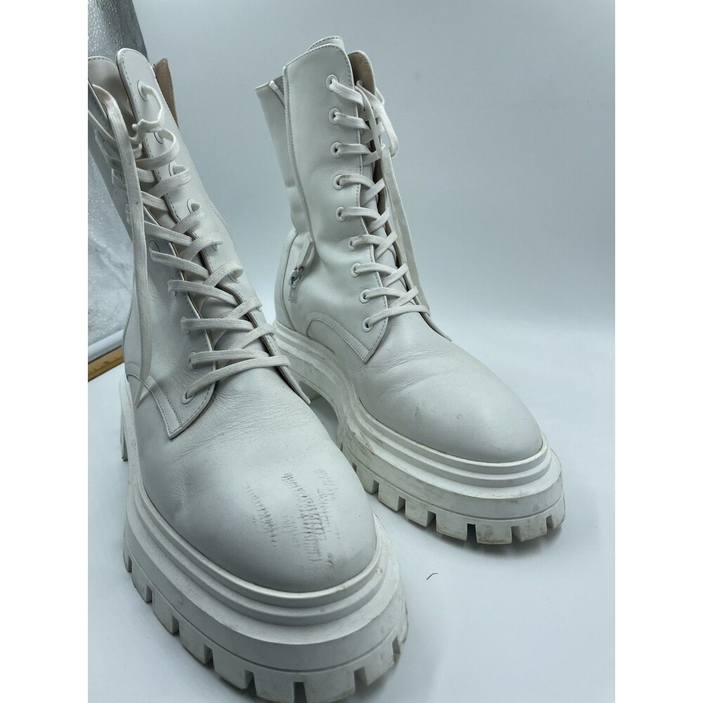 Stuart Weitzman White Leather Combat Platform Boots Lug Sole Zip Women’s 7.5 B